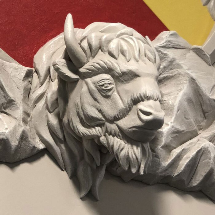 Public_MpowR_Bison - The Bees Knees Design Medicine wheel sculpture with a bison head mounted on a wall. custom art creations.