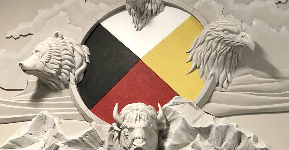 Public Art Medicine wheel sculpture mounted on a wall