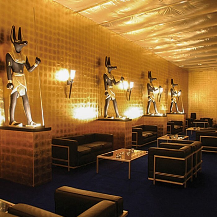 Giant 7 feet tall golden Anubis sculptures at the exhibition lobby. Custom sculpture