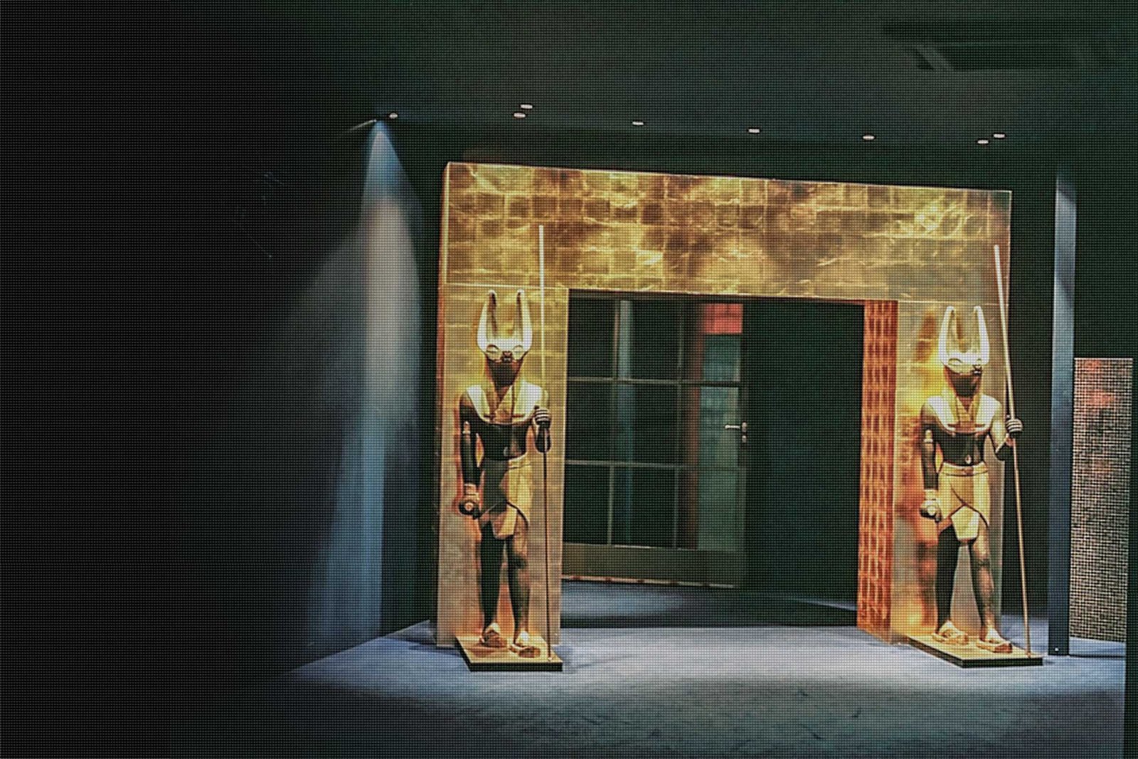 COVERS_ANUBIS_SLIDER Experiential marketing fabrication of the Egyptian Exhibits Basel with a golden main arch gate entry flanked by 2 Anubis statues.