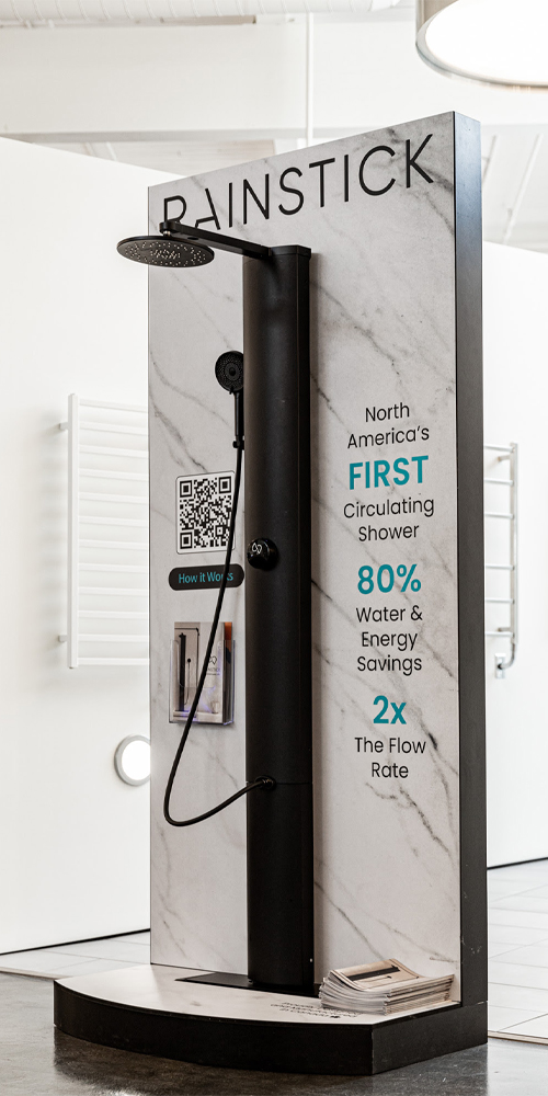 Rain stick shower on a custom built display, displayed in a retail store.