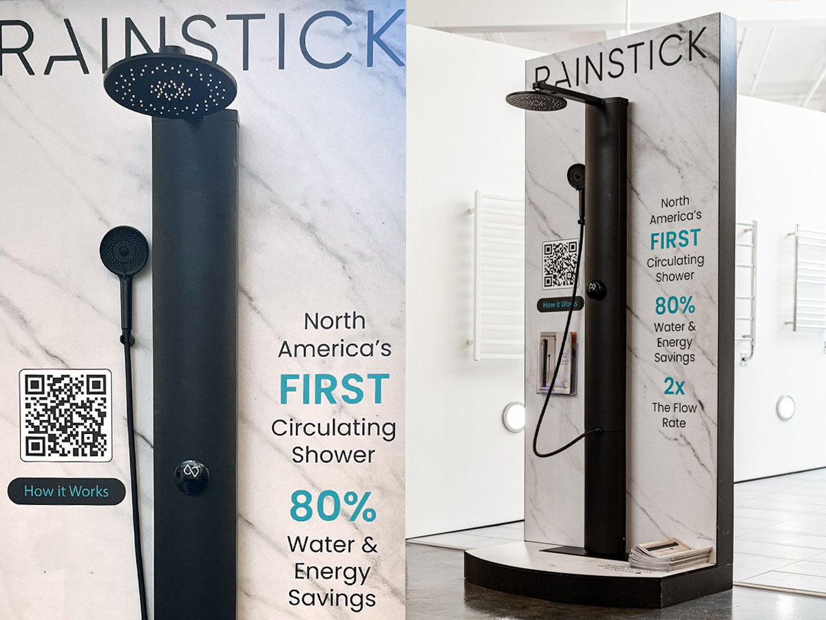 Rain stick shower on a custom built display, displayed in a retail store.