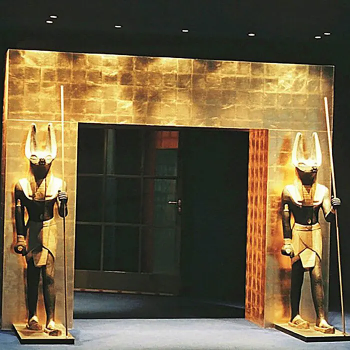 Anoubis_Expo_Sculpture_Entry_Sign - The Bees Knees Design Egyptian exhibition golden arch entry with two Anubis statues. Experiential design
