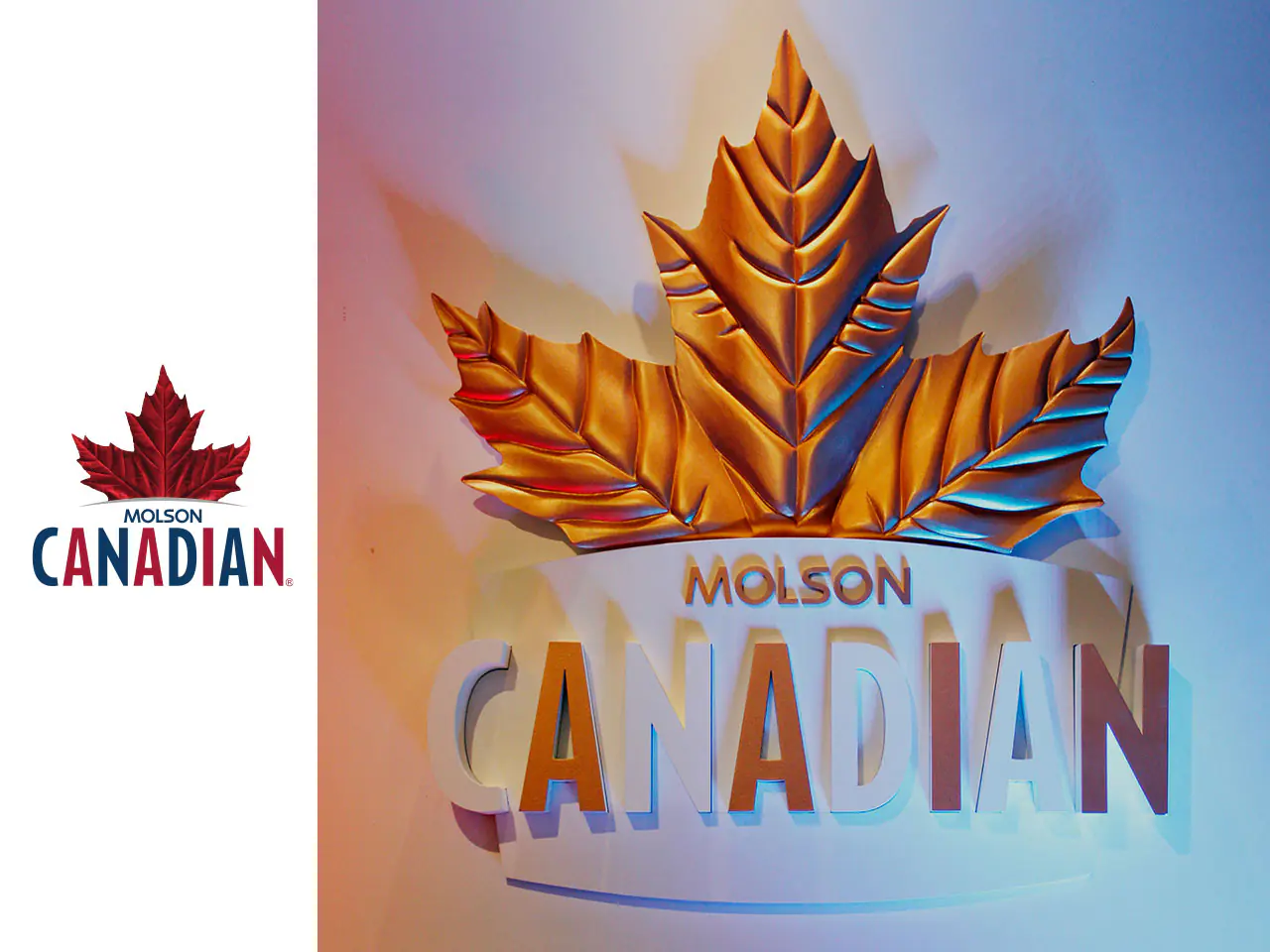 3D_Caroussel_Molson - The Bees Knees Design Gold maple leaf crown with Molson Canadian text on a curved white pedestal in a colorful lighted setting. 3d your logo