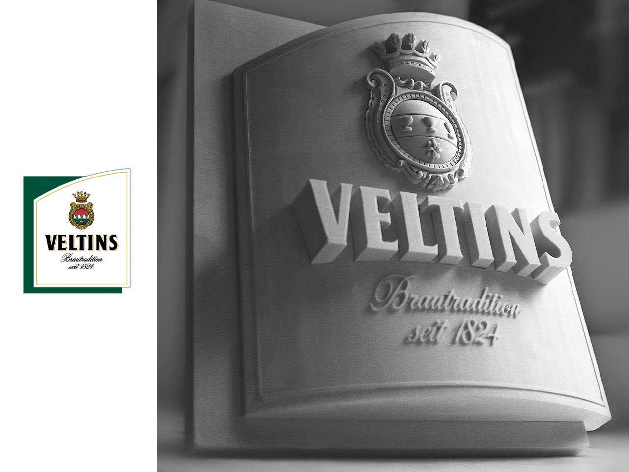 Close-up of a curved Veltins sign with crest and embossed text 'Brautradition seit 1824'; logo tile on the left.
