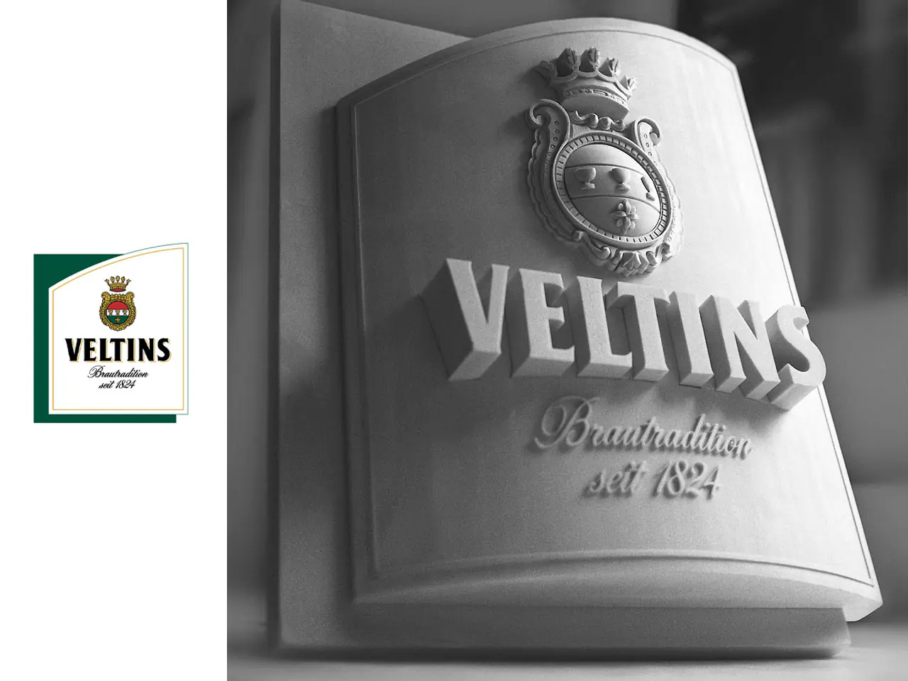 3D_Caroussel_Veltins - The Bees Knees Design Close-up of a curved Veltins sign with crest and embossed text 'Brautradition seit 1824'; logo tile on the left.