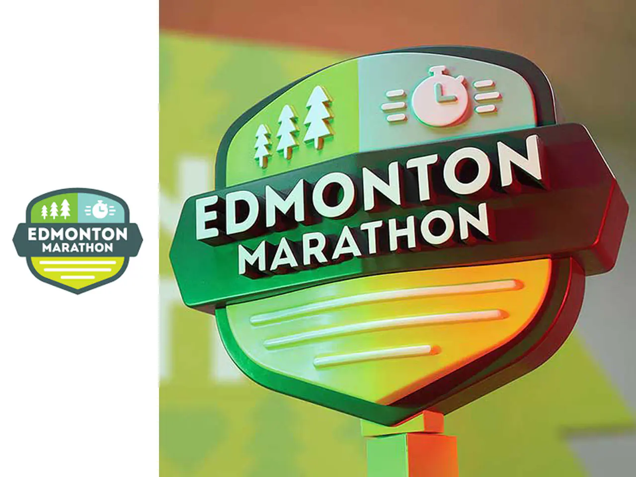 3D_Caroussel_YEGMarathon - The Bees Knees Design Edmonton Marathon branding with a large curved sign and a small badge logo on the left against a colourful background. 3d logo sign