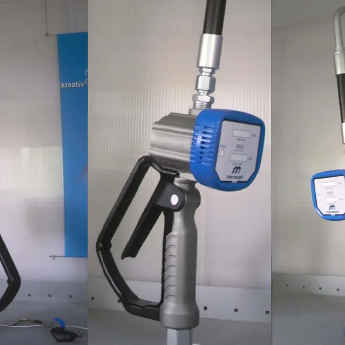 Industrial pump unit with blue and silver motor on a metal stand, shown from three angles; label reads MacNaught, Neuseeland.