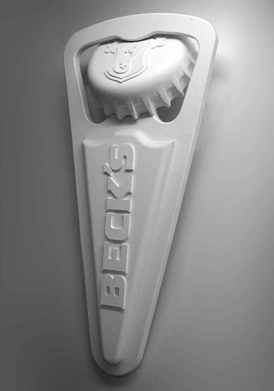 DSCN0369 Beck's branded bottle opener replica mounted on a wall, used as event sculpted signage.