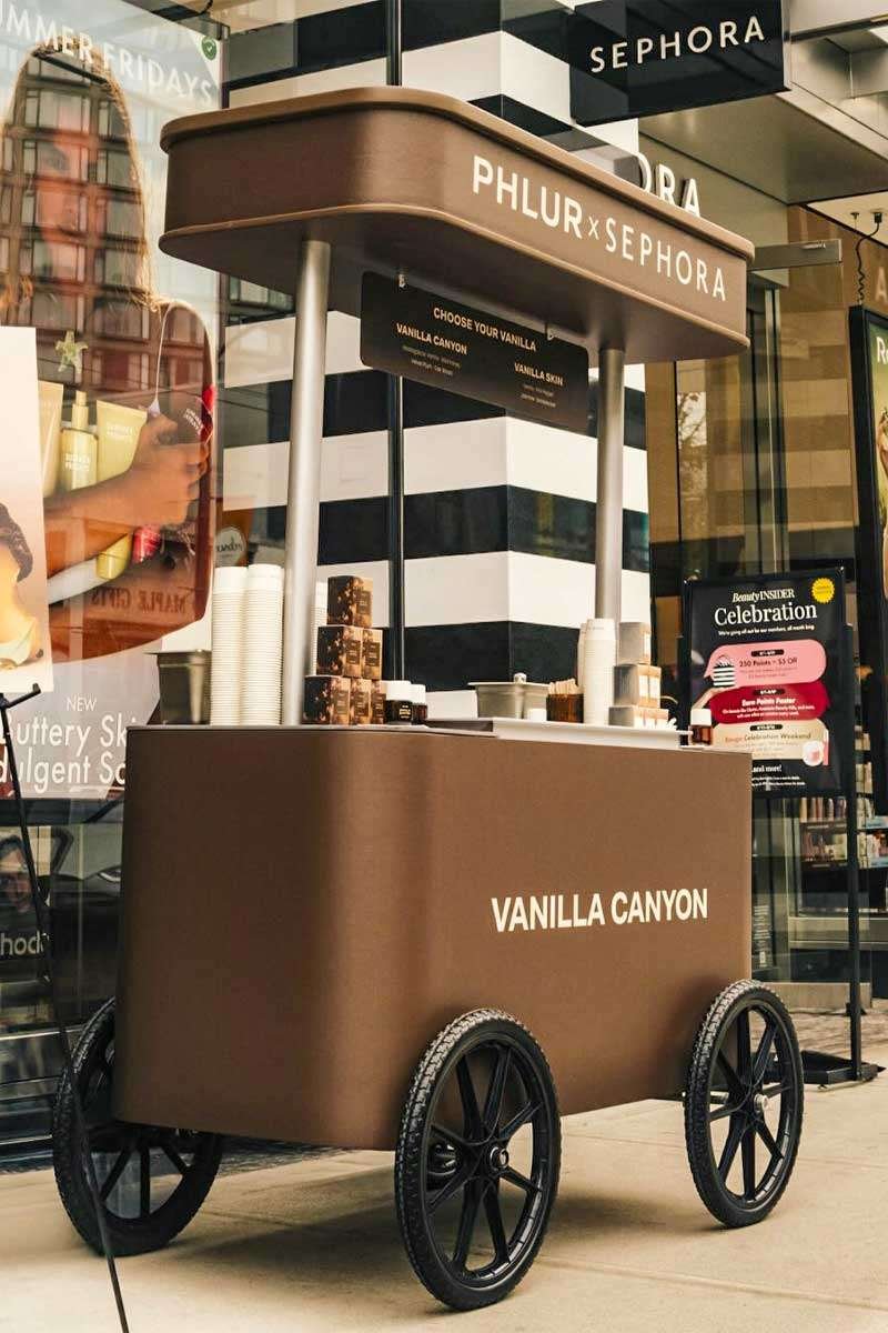 PHLUR_Sephora_Activation_Vancouver_Cart_Whole PHLUR Sephora branded ice cream cart used in front of the Sephora retail store to promote a new product and give away free ice cream.