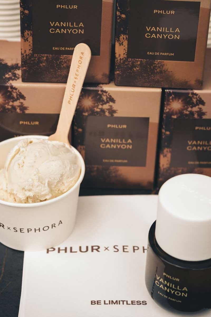 PHLUR_Sephora_Activation_Vancouver_Product Ice cream and PHLUR Sephora products on a sampling cart.