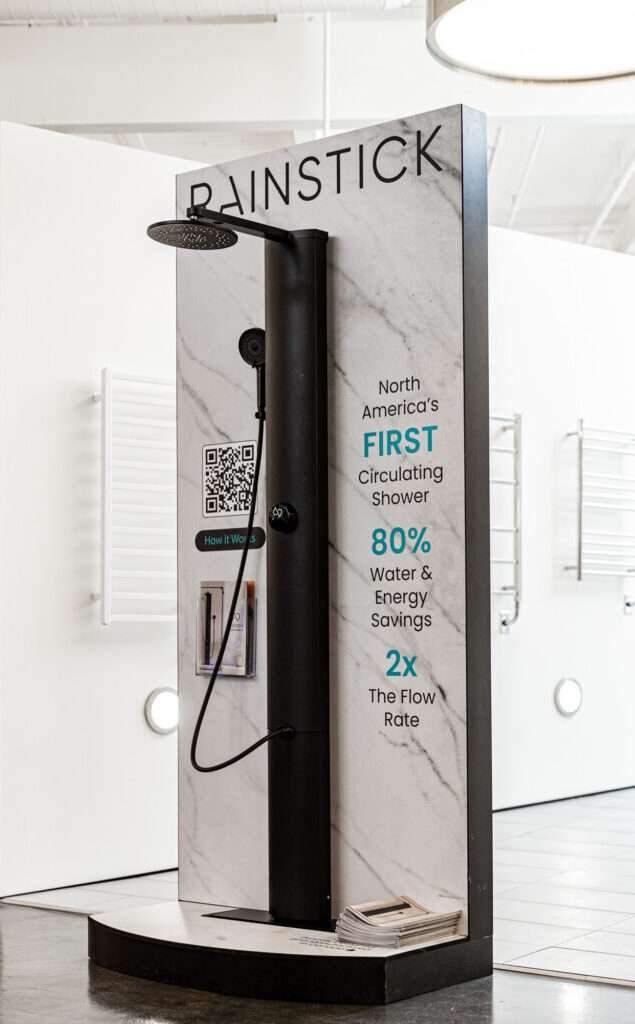 Rainstick_Display Experiential marketing displays, Shower head product displays displayed in a retail store.